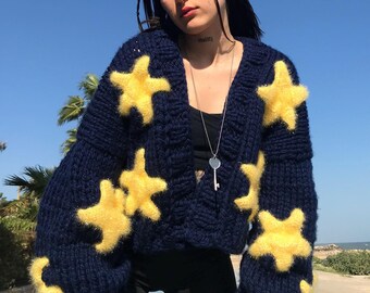 Knitted Star Cardigan Women s Knitted Jacket Gift for Women Star Cardigan Handmade Thick Navy Blue Cardigan for Girls Sky Cardigan Etsy Canada