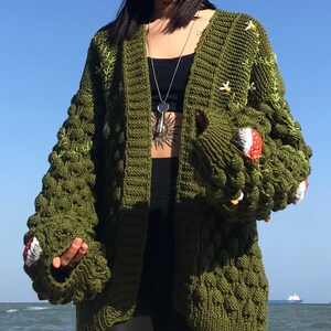 Handmade Cardigan, Long Cardigan, Mushroom-Pattern Cardigan, Green Cardigan, Floral Embroidered Cardigan, 3D Sweater, Knit Cardigan