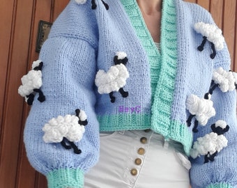 Handmade Cardigan, Sheep Motif Cardigan, Lamb Embroidered Cardigan, Blue Thick Cardigan, Heycknittİng Design Cardigan