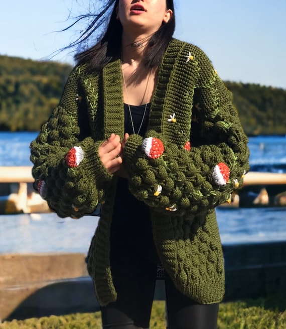 Mushroom Embroidered Handmade Knit Cardigan Green Long - Etsy