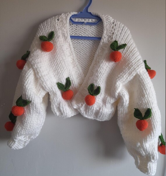 ハンドメイド刺繍オレンジニットカーディガン - 柔らかくて太い