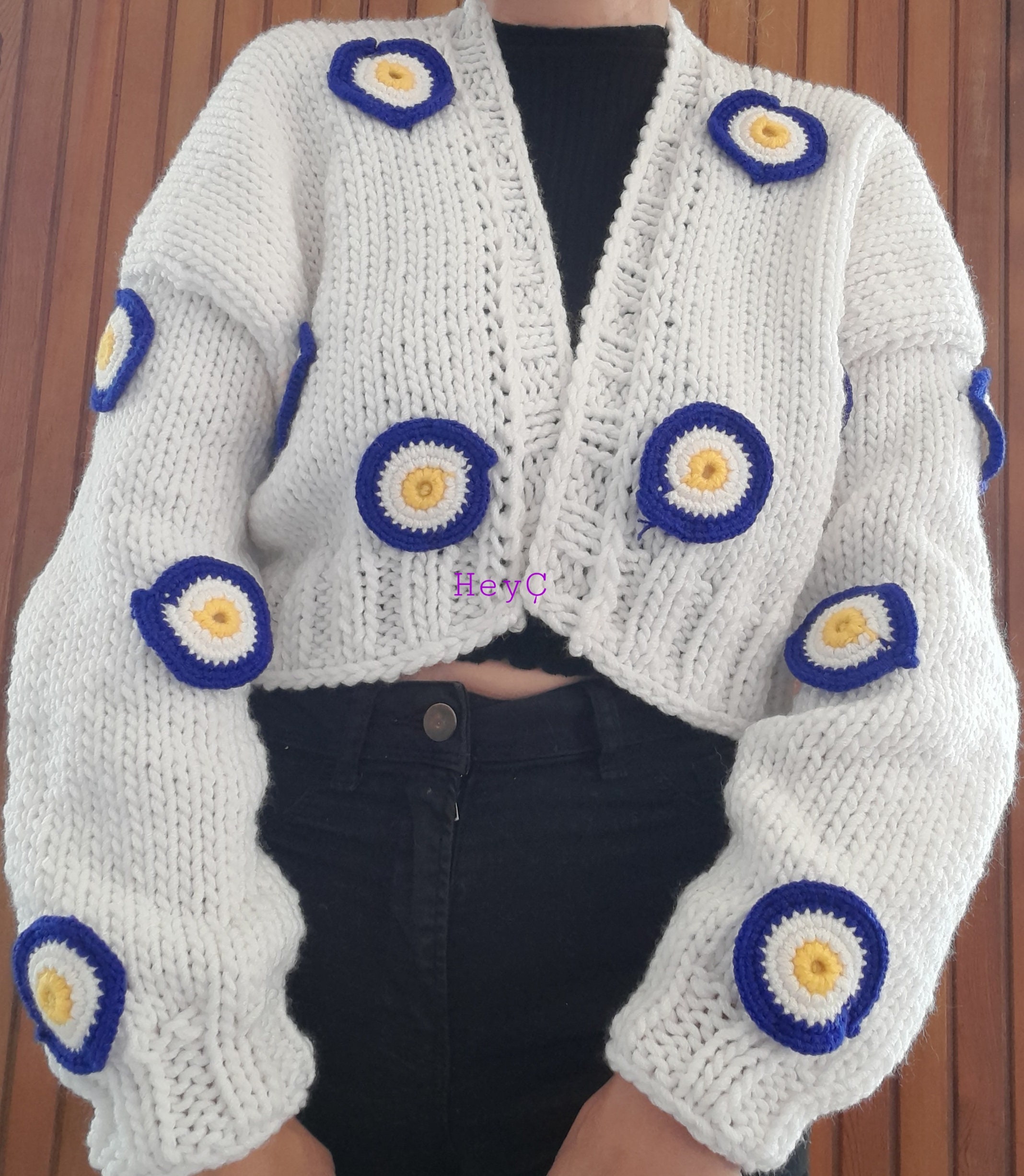 Knit Evil Eye Beaded Cardigan Hand Knit Jacket Hand Made Etsy UK