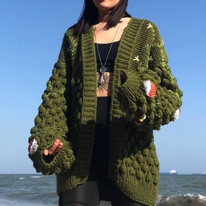 Mushroom Cardigan, Green Cardigan, Gift Knit Cardigan, Embroidered Cardigan, Long Casual Wear, Handmade Ptterned, Skilled Cardigan Design image 4