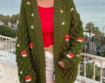Mushroom Embroidered Long Green Cardigan, Soft Patterned And Embroidered Cardigan, Red Mushroom Embroidered Handmade Knitted Cardigan