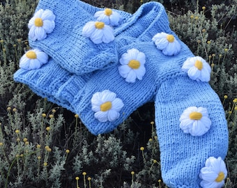 Handmade Daisy Embroidered Knit Cardigan - Soft Blue Jacket - Etsy