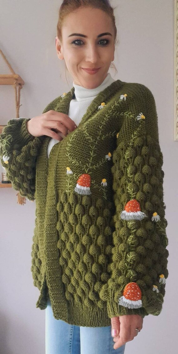 Hand Made Mushrooms Cardigan, Green Hand Knit Mushroom Cardigan, Floral Mushroom Oversized Women Cardigan, Special Design musroom Jacket