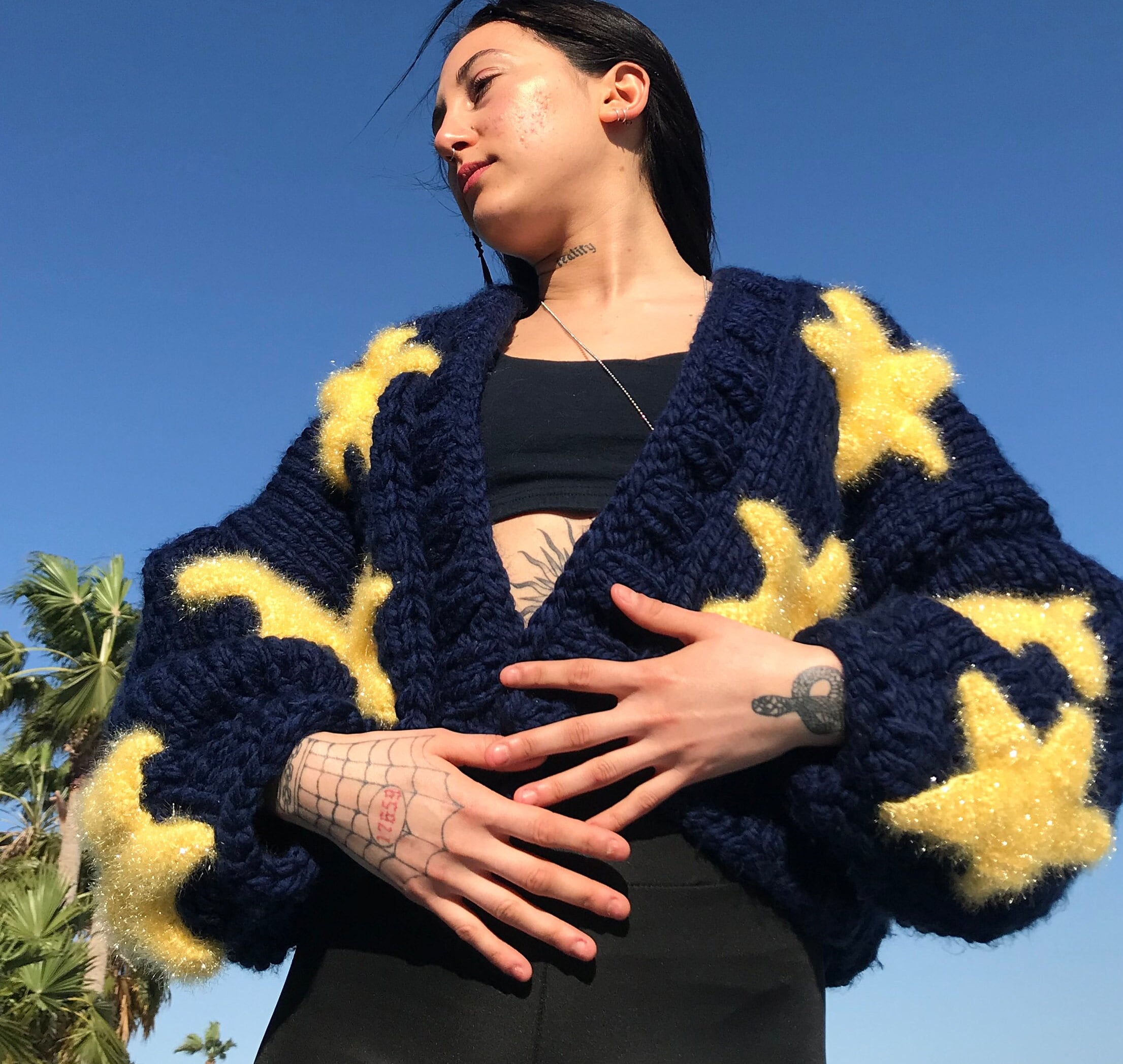Knitted Cardigan, Star Cardigan, Gift for Women, Navy Blue Cardigan, Soft Knit Jacket, Handmade Cardigan, Thick Knitted Cardigan, 3D Star