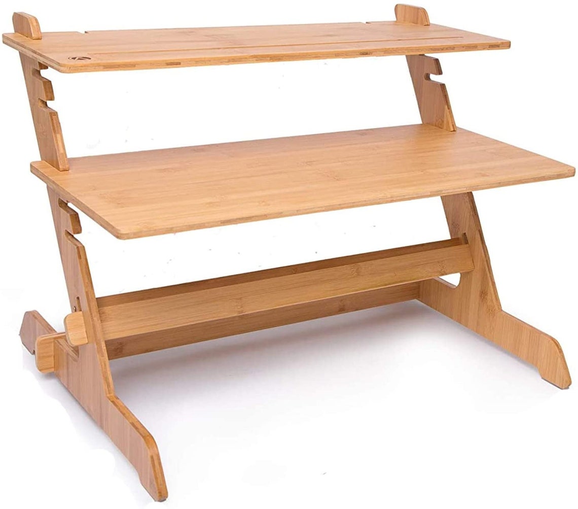Standing Desk Converter Natural Bamboo Adjustable Sit Stand Etsy