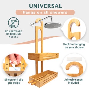 Bambus Hängende Dusche Caddy Rostfrei Naturbambus 2-stufiger Aufbewahrungsorganisator Wasserdicht & schmutzabweisend über dem Duschkopf 27 x 11 x 5 Bild 8