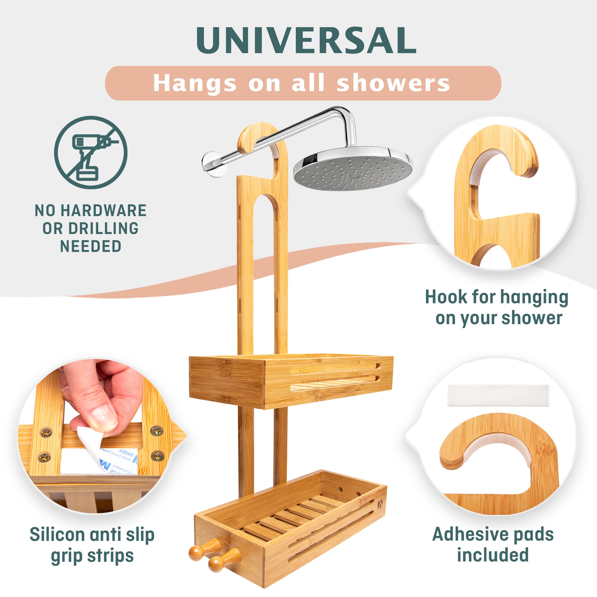 iDesign Formbu Bamboo Hanging Shower Caddy for Shampoo, Conditioner, and  Soap with Hooks for Razors, Towels, Loofahs, and