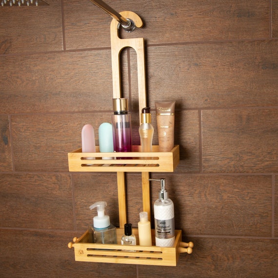 Bamboo Hanging Shower Caddy Rustproof Natural Bamboo 2 Level