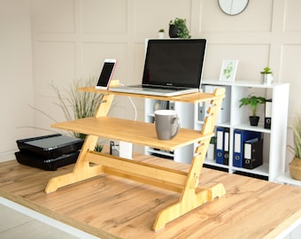 Standing Desk Converter Natural Bamboo Adjustable Sit Stand Riser Workstation for Desktop or Laptop, Dual Monitor Stand