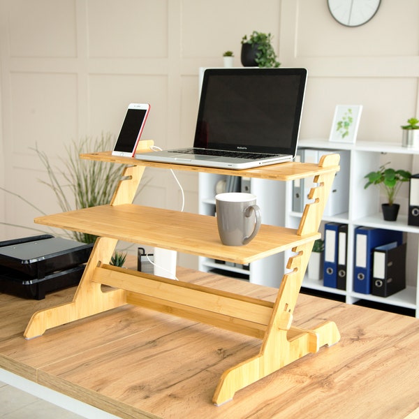 Standing Desk Converter Natural Bamboo Adjustable Sit Stand Riser Workstation for Desktop or Laptop, Dual Monitor Stand
