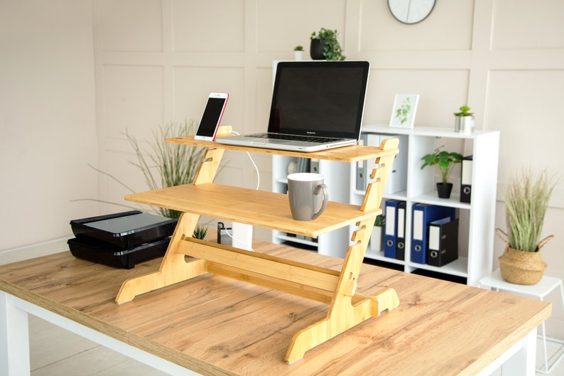 Standing Desk Converter Natural Bamboo Adjustable Sit Stand Riser Workstation for Desktop or Laptop, Dual Monitor Stand image 1