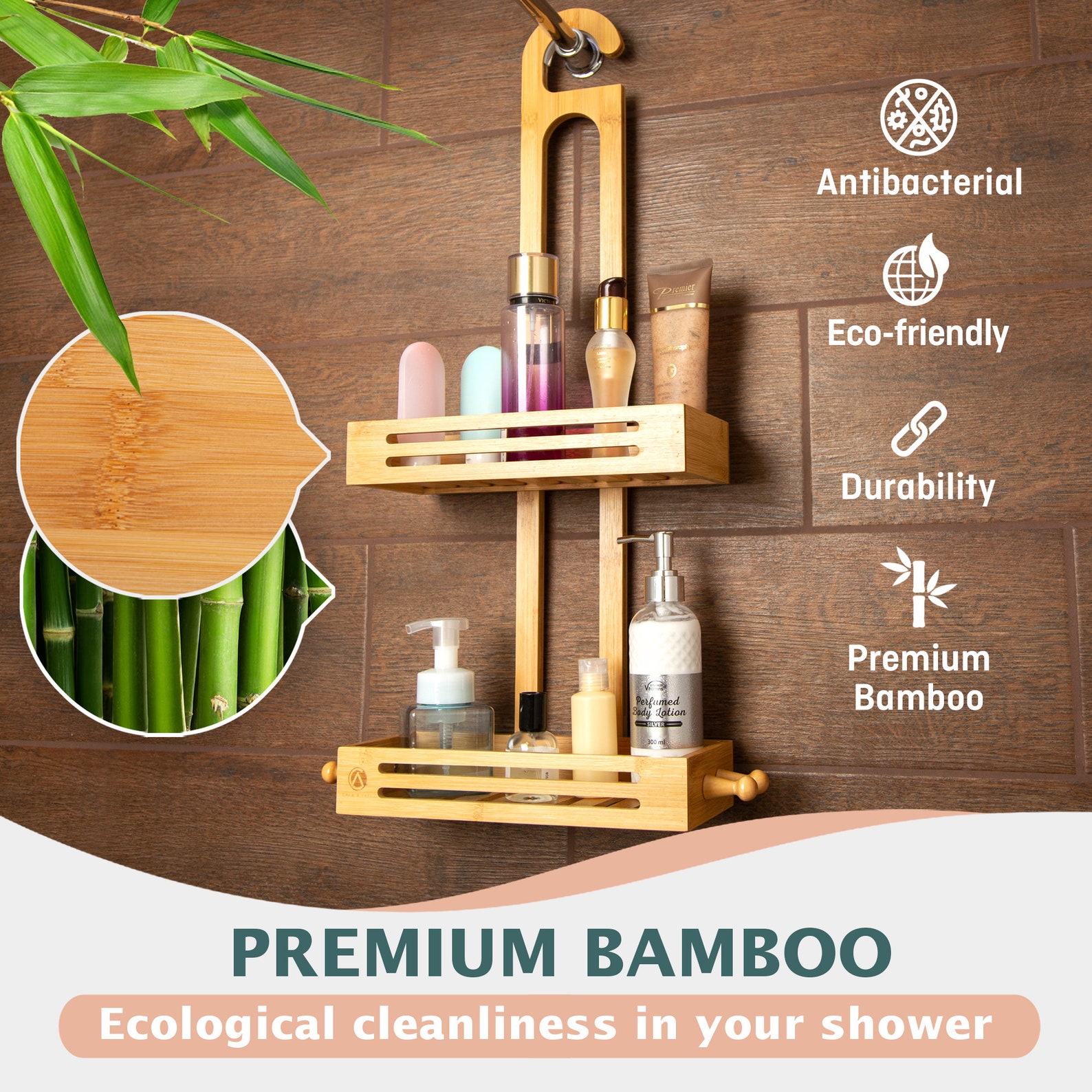 Bamboo Hanging Shower Caddy Rustproof Natural Bamboo 2 Level Etsy