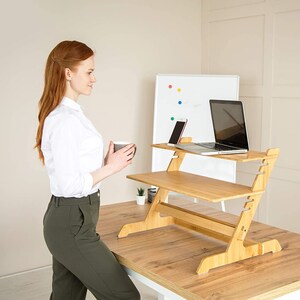Standing Desk Converter Natural Bamboo Adjustable Sit Stand Riser Workstation for Desktop or Laptop, Dual Monitor Stand image 6
