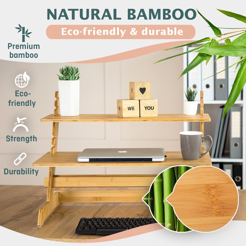 Standing Desk Converter Natural Bamboo Adjustable Sit Stand Riser Workstation for Desktop or Laptop, Dual Monitor Stand image 3