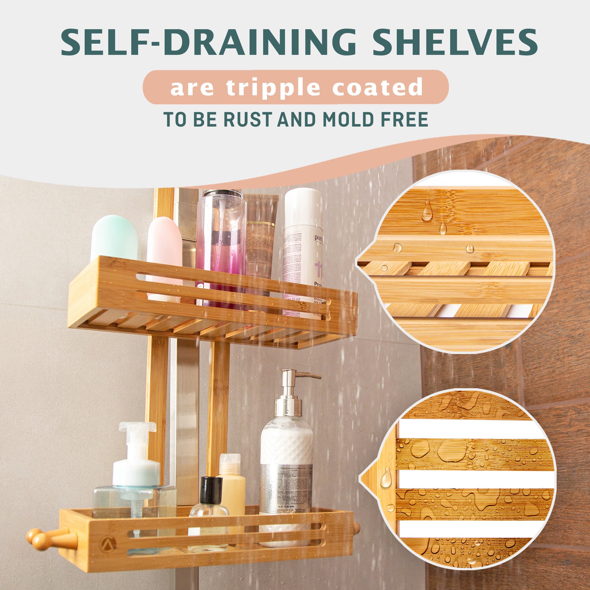 Home Basics Bamboo Shower Caddy Shelf with 2 Suction Cups, Natural