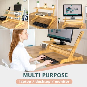 Standing Desk Converter Natural Bamboo Adjustable Sit Stand Riser Workstation for Desktop or Laptop, Dual Monitor Stand image 2