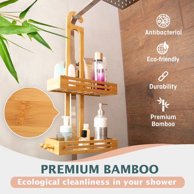 Bamboo Hanging Shower Caddy Rustproof Natural Bamboo 2 Level Etsy