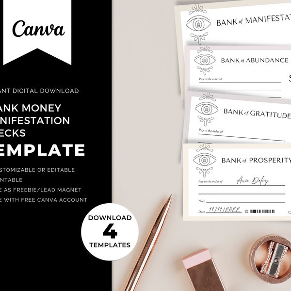 Money Manifestation Checks Printable - Law of Attraction, Money Manifestation Checks for Vision Board, Canva Templates Vision Board Checks