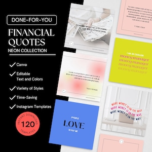 120 Editable Financial Money Quotes | Financial Coaches Consultants Advisors Planners | Canva Instagram Post Templates | Quotes 1.1 Neon