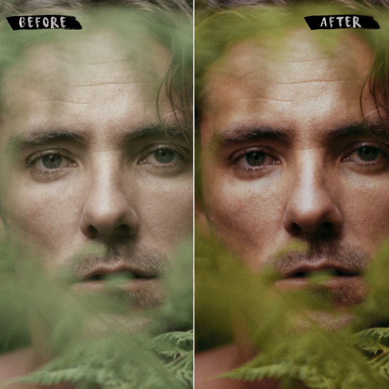 以下が含まれることがあります： 緑の葉を背景に、男性の顔のクローズアップ。画像は「Before」と「After」というラベルの付いた2つのセクションに分かれています。