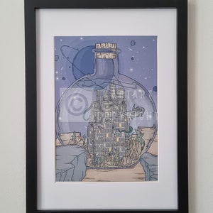 A4 City in a bottle, sci-fi, fantasy art print, PRINT ONLY, no frame. City in a bottle sea, shark, fish