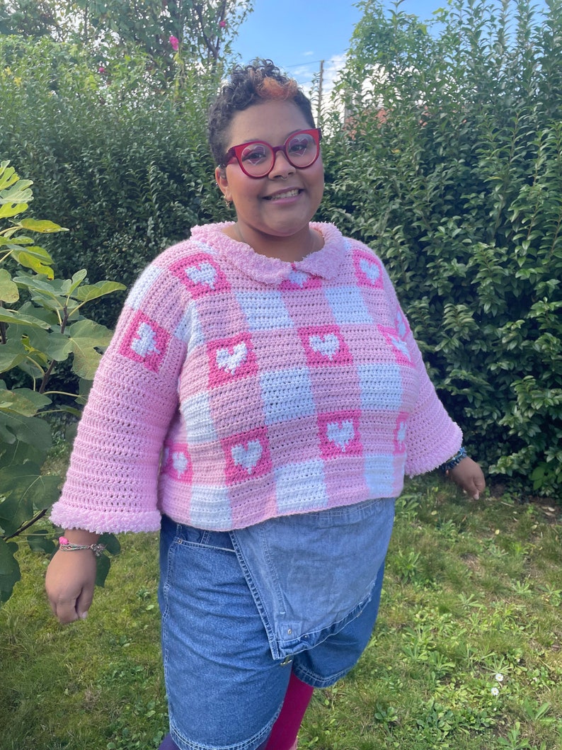 Pu&ograve; includere: Un maglione all'uncinetto rosa e bianco con un motivo a quadri vichy e cuori bianchi. Il maglione ha un colletto a volant e maniche 3/4.