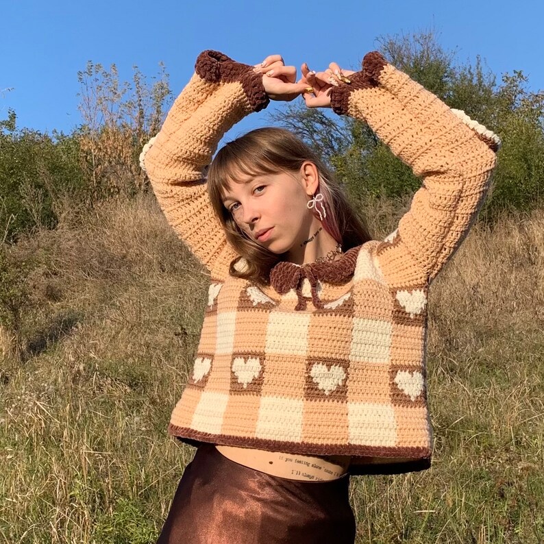 Pu&ograve; includere: Un maglione a uncinetto marrone e bianco con un motivo a forma di cuore e un colletto marrone. Il maglione ha un motivo a quadri ed &egrave; corto.