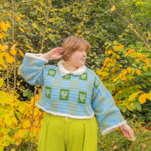 Pu&ograve; includere: Un maglione all'uncinetto blu e verde con un colletto bianco e un bordo bianco. Il maglione ha un motivo a scacchi con quadrati verdi e quadrati blu. Il maglione &egrave; corto e ha maniche lunghe.