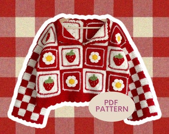 Modello per maglione all'uncinetto: maglione da picnic, modello per maglione all'uncinetto con fragole, maglione all'uncinetto per principianti, pullover all'uncinetto per donna