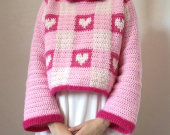 Schema per maglione all'uncinetto in PDF: maglione a cuore, uncinetto Cottagecore, schema per maglione da donna