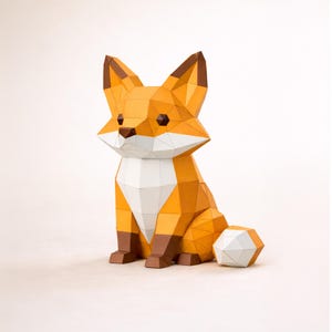 May include: A geometric paper fox sculpture in shades of orange, brown, and white. The fox is sitting with its tail to the side. The sculpture has a polygonal design, giving it a modern, artistic look. The fox is a decorative item.
