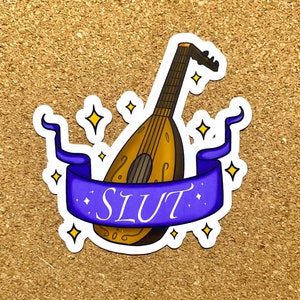 May include: A blue and white sticker featuring a lute and the word "SLUT" on a banner. The lute is brown and gold with a white outline. There are small yellow stars around the lute.