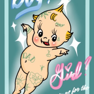 Uitnodiging voor feestje geslacht, getatoeëerde baby, coole gender onthulling, banner, banner Kewtie Pie, getatoeëerde Kewtie Pie, getatoeëerde ouders