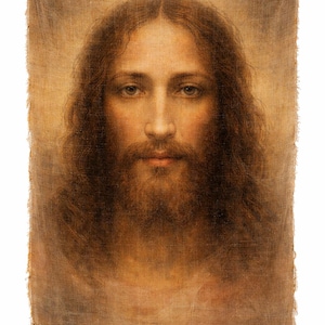 May include: A portrait of a man with long brown hair and a beard, depicted on a tan cloth. The man has a serene expression, with light skin and brown eyes. The cloth has frayed edges and is tied at the corners.