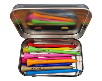 Personalised 83mm Coloured Golf Tees in a Personalised tin, Personalised Golf Gift