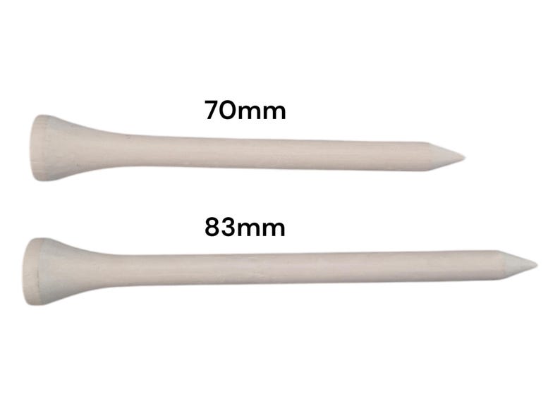 May include: Two wooden golf tees, one 2.75 inches long and the other 3.25 inches long, are displayed against a white background. The tees have a natural wood color and a pointed end.