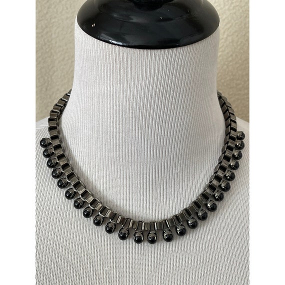 Vintage "T" Marked Link & Faux Black Pearl Necklace Gem