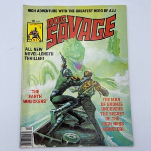 May include: A comic book cover featuring Doc Savage, a fictional adventurer, fighting a creature from the Loch Ness Monster. The cover is green, black, and white with the title "Doc Savage" in large, bold letters. The text "The Man of Bronze Uncovers the Secret of the Loch Ness Monster!" is also featured on the cover.