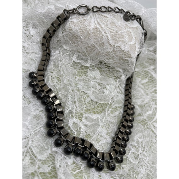Vintage "T" Marked Link & Faux Black Pearl Necklace Gem