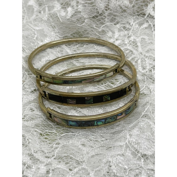 Bracelet Ancien En Argent Massif 925 Avec Perles D'abalone/nacre - Style Ormeau