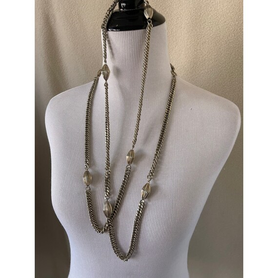 Vintage Extra Long Silver Tone Bead Chain Link Ne… - image 5