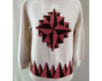 Handcrafted Homemade Cream/Red/Brown Geometric Design Thick Knit Sweater