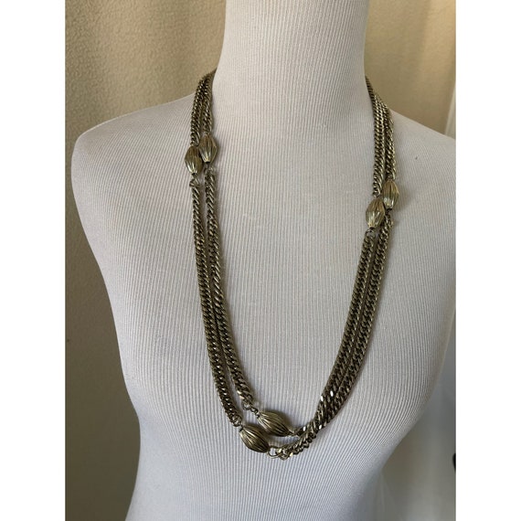 Vintage Extra Long Silver Tone Bead Chain Link Ne… - image 1