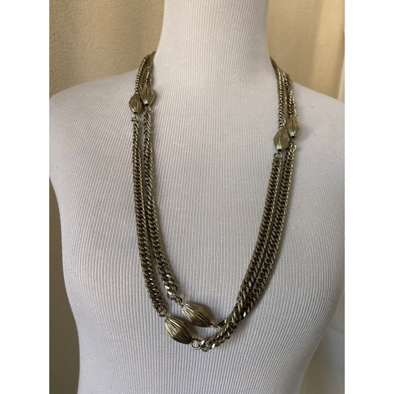 Vintage Extra Long Silver Tone Bead Chain Link Ne… - image 2