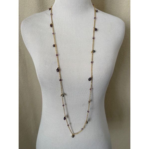 Vintage Cookie Lee Purple Bead & Gold Leaf Gold Tone Long Strand Necklace