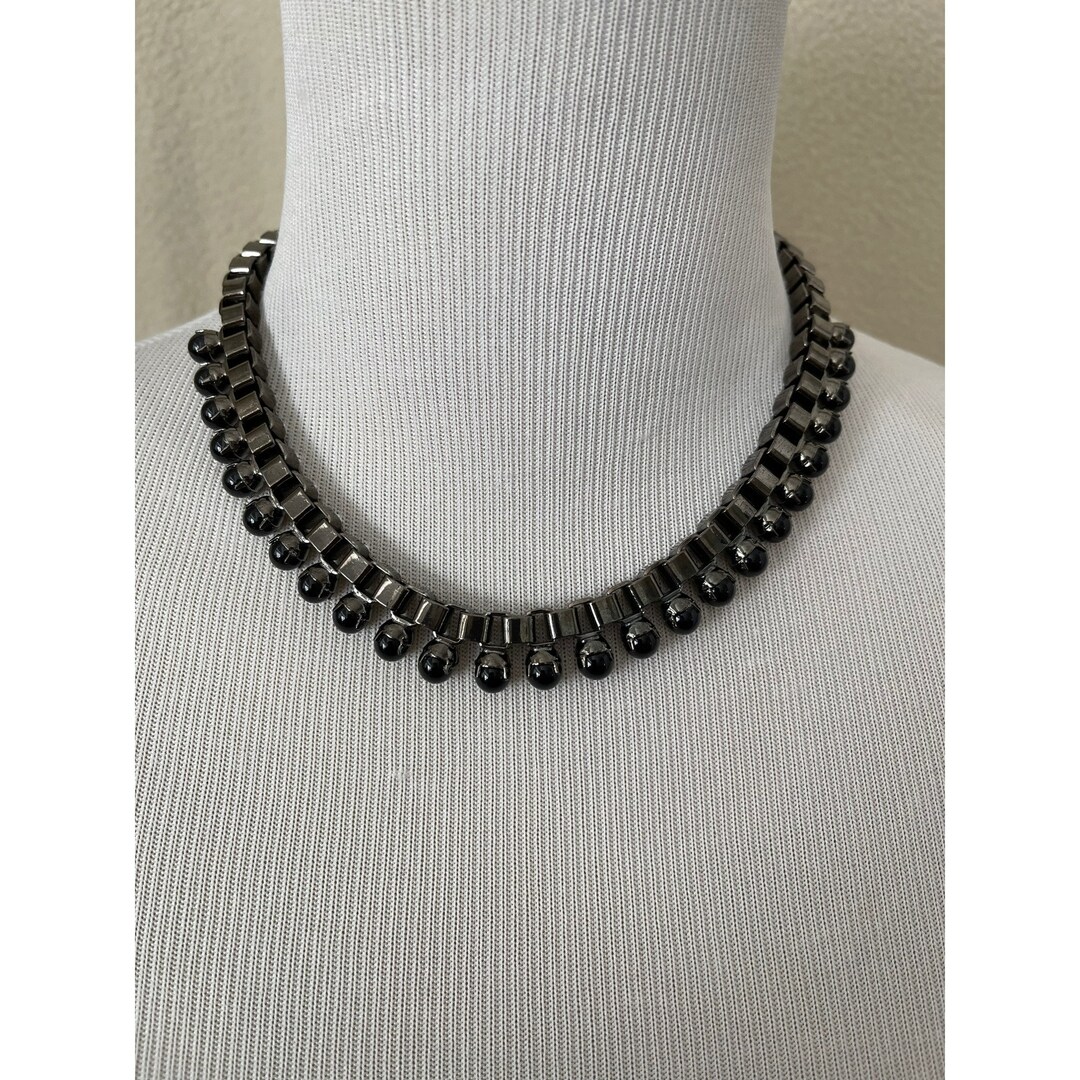 Vintage t Marked Link & Faux Black Pearl Necklace Etsy