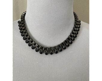 Vintage "T" Marked Link & Faux Black Pearl Necklace